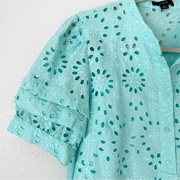 J Crew puff sleeve popover eyelet blue teal top blouse S - Picture 4 of 9